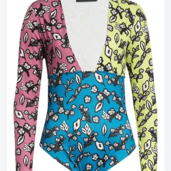 Kimberly Goldson Chlo Mixed Floral Plunge-Neck Bodysuit - Picture 2 of 12